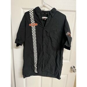 Harley Davidson Racing Shirt Mens Medium Black Checker Stripe Button Up